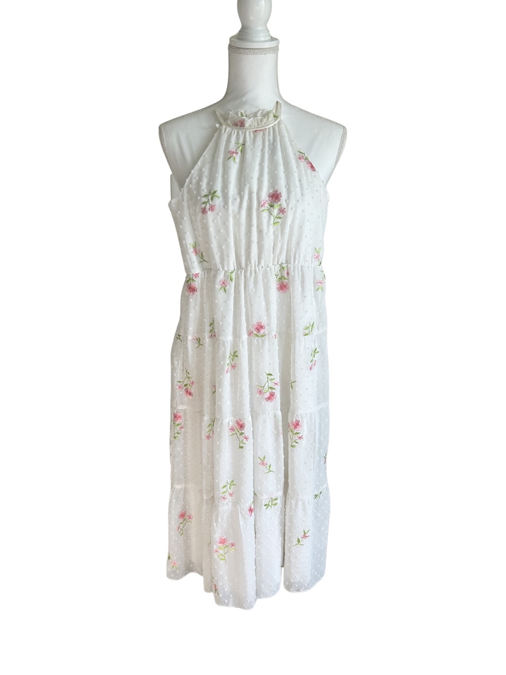 Girls White Floral Embroidered Maxi Dress Size 8 Cottagecore Swiss Dot